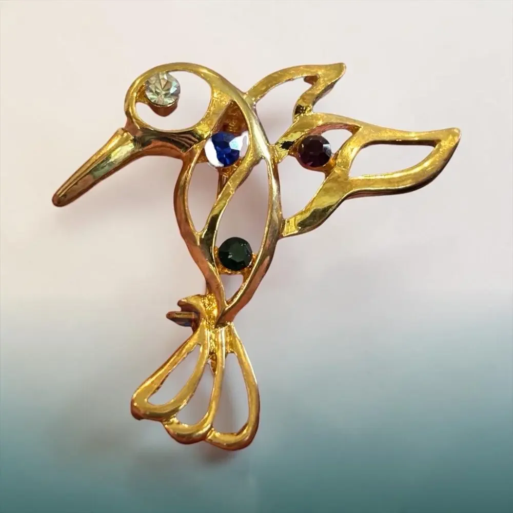 Vintage Abstract Hummingbird Brooch Color Rhinestone Gold Tone Modernist Bird
